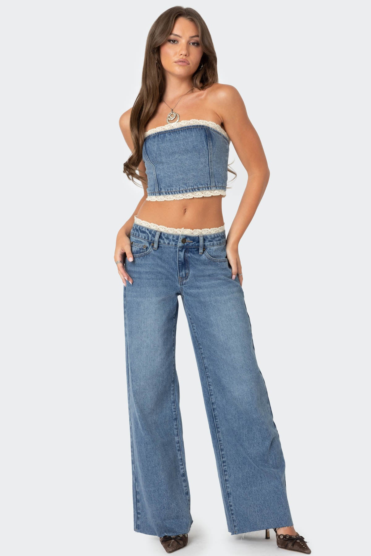 Karlie Peekaboo Lace Low Rise Baggy Jeans