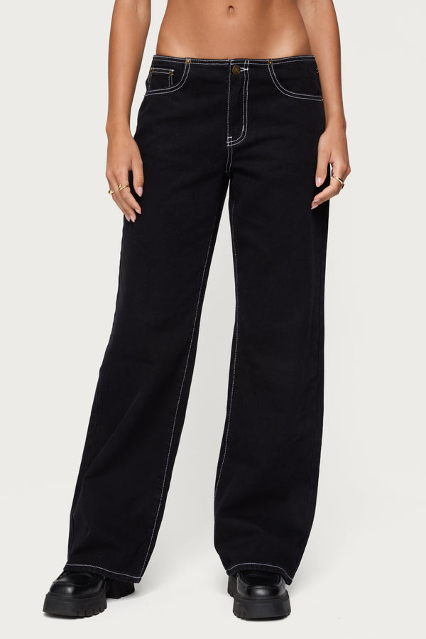 Contrast Stitch Low Rise Wide Leg Jeans