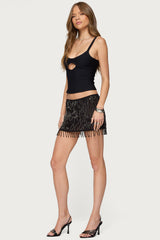 Sheer Sequin Bead Fringed Mini Skirt
