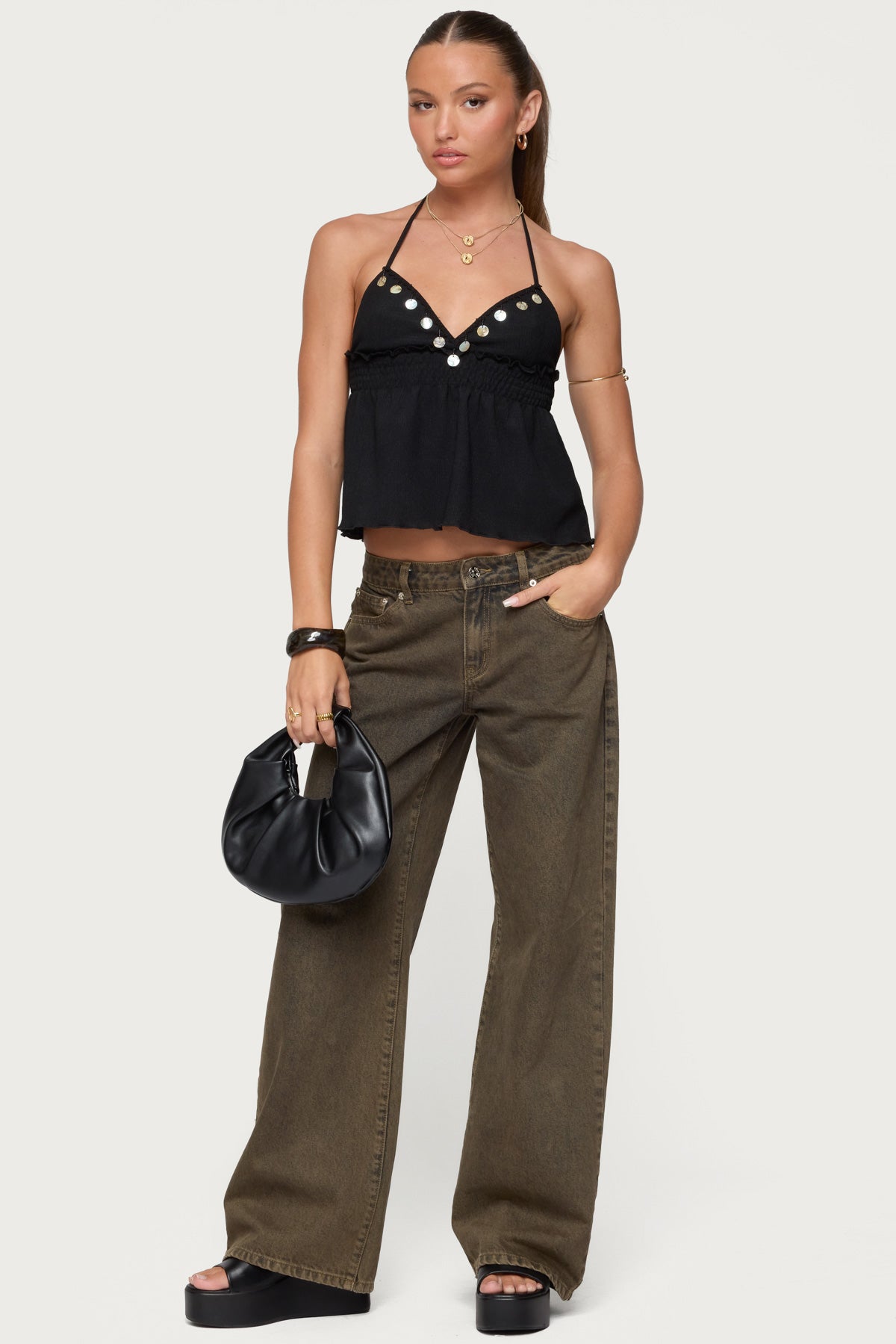 Textured Iridescent Babydoll Halter Top