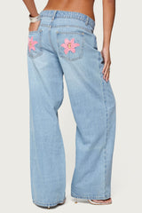 Mirra Embroidered Flower Low Rise Baggy Jeans