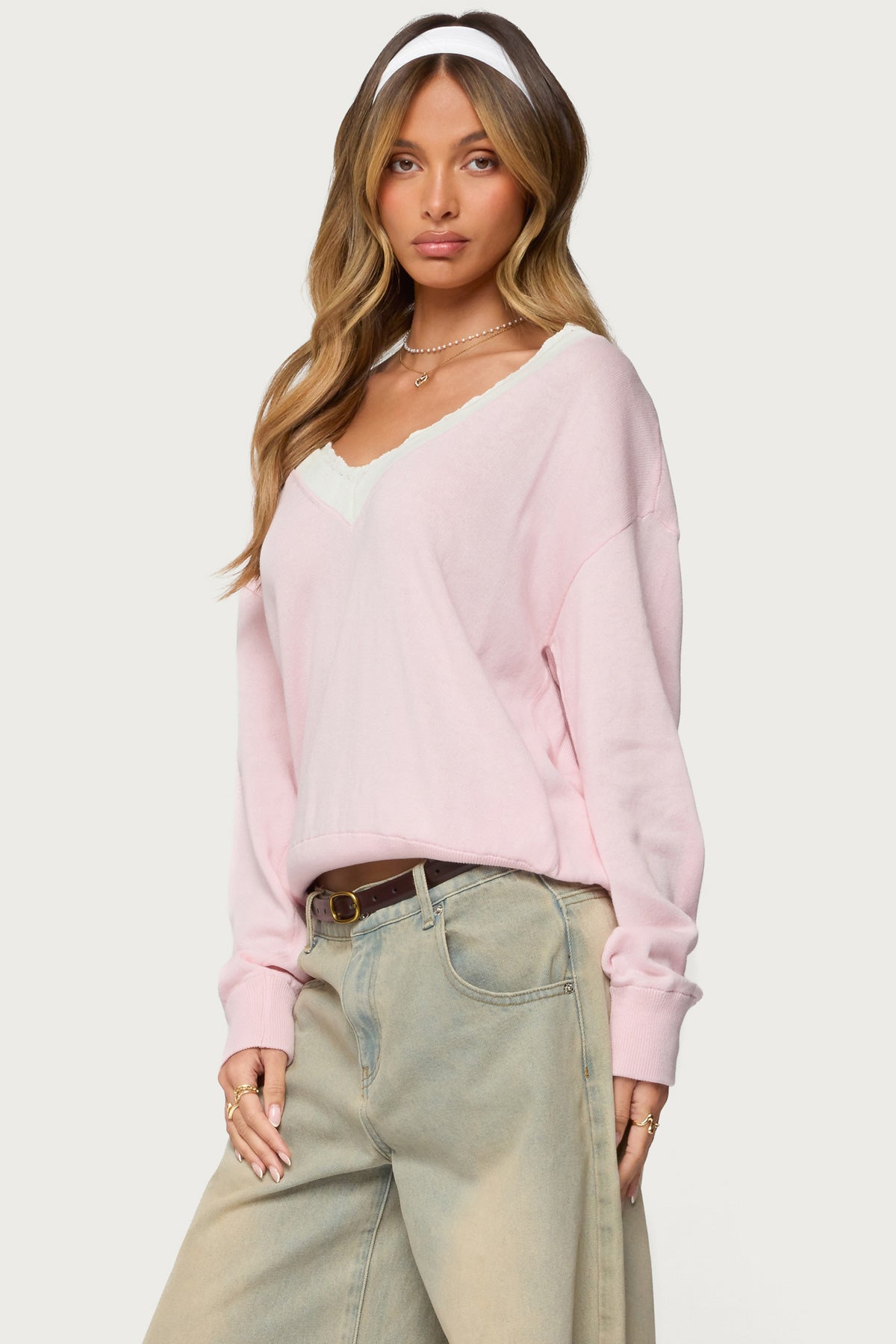 Marie Contrast Lacey V Neck Sweater