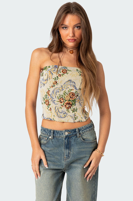 Floral Tapestry Lace Up Corset