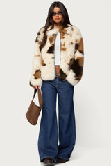 Rayan Cow Print Faux Fur Jacket