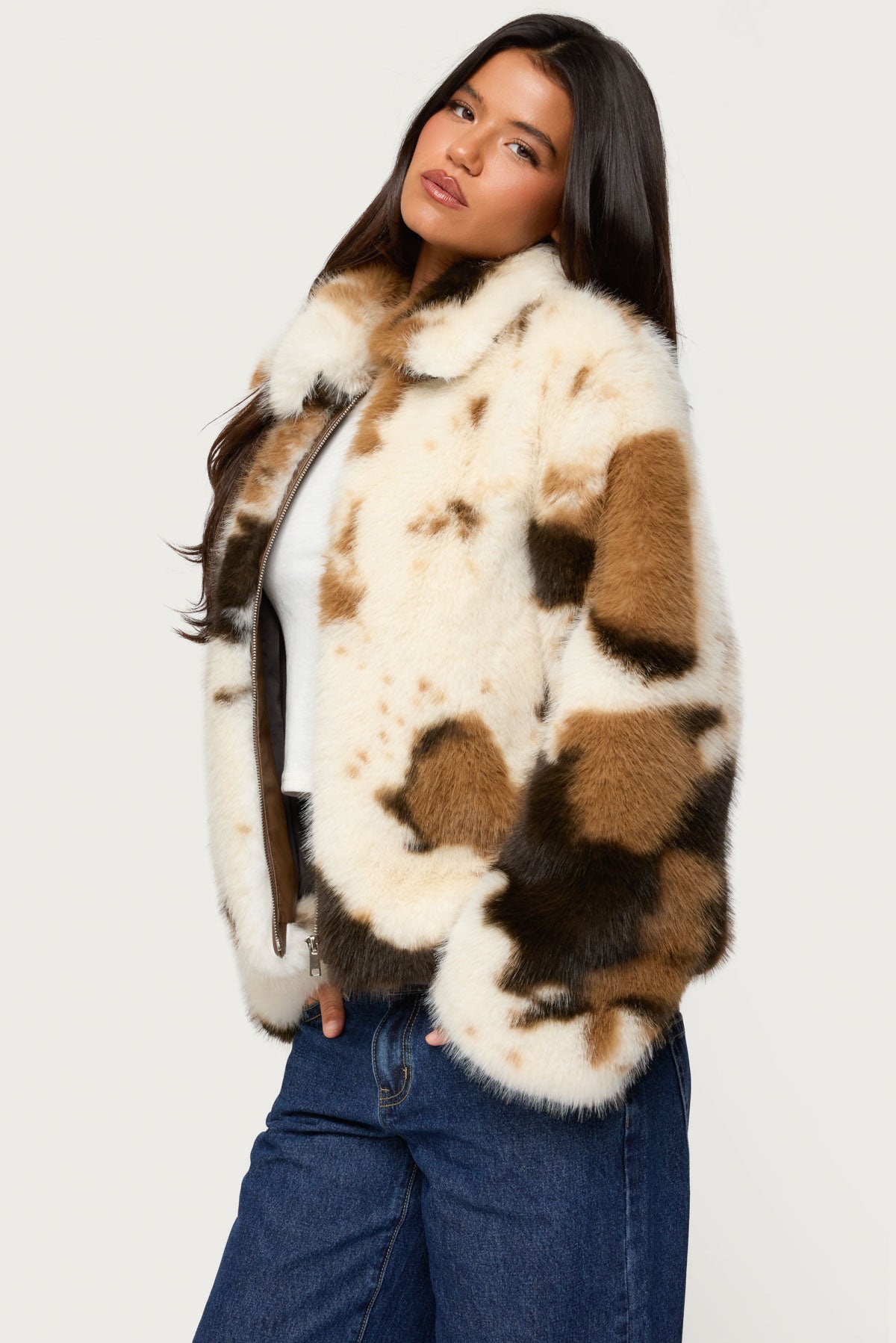 Rayan Cow Print Faux Fur Jacket