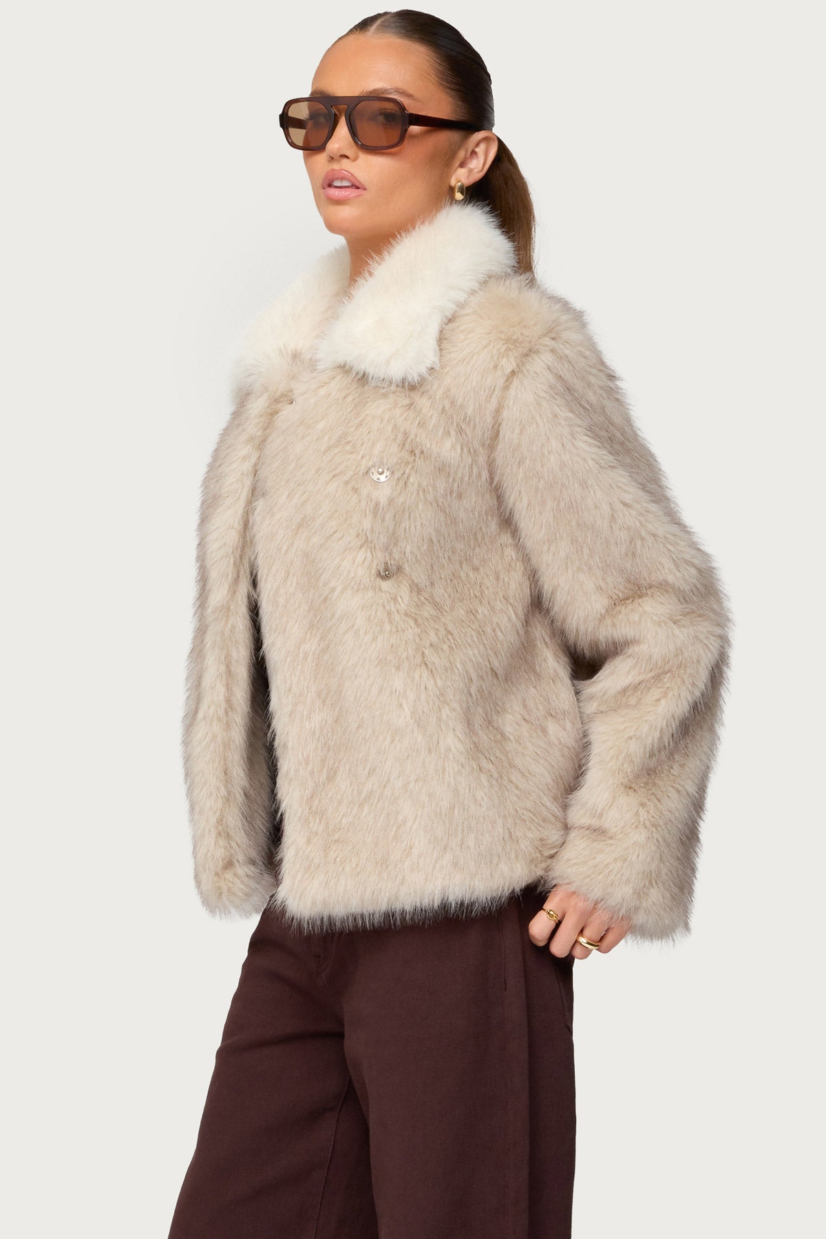 Contrast Collar Faux Fur Jacket