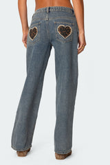 Leopard Heart Low Rise Baggy Jeans