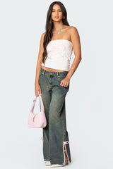 Bow Slitted Vintage Washed Low Rise Baggy Jeans