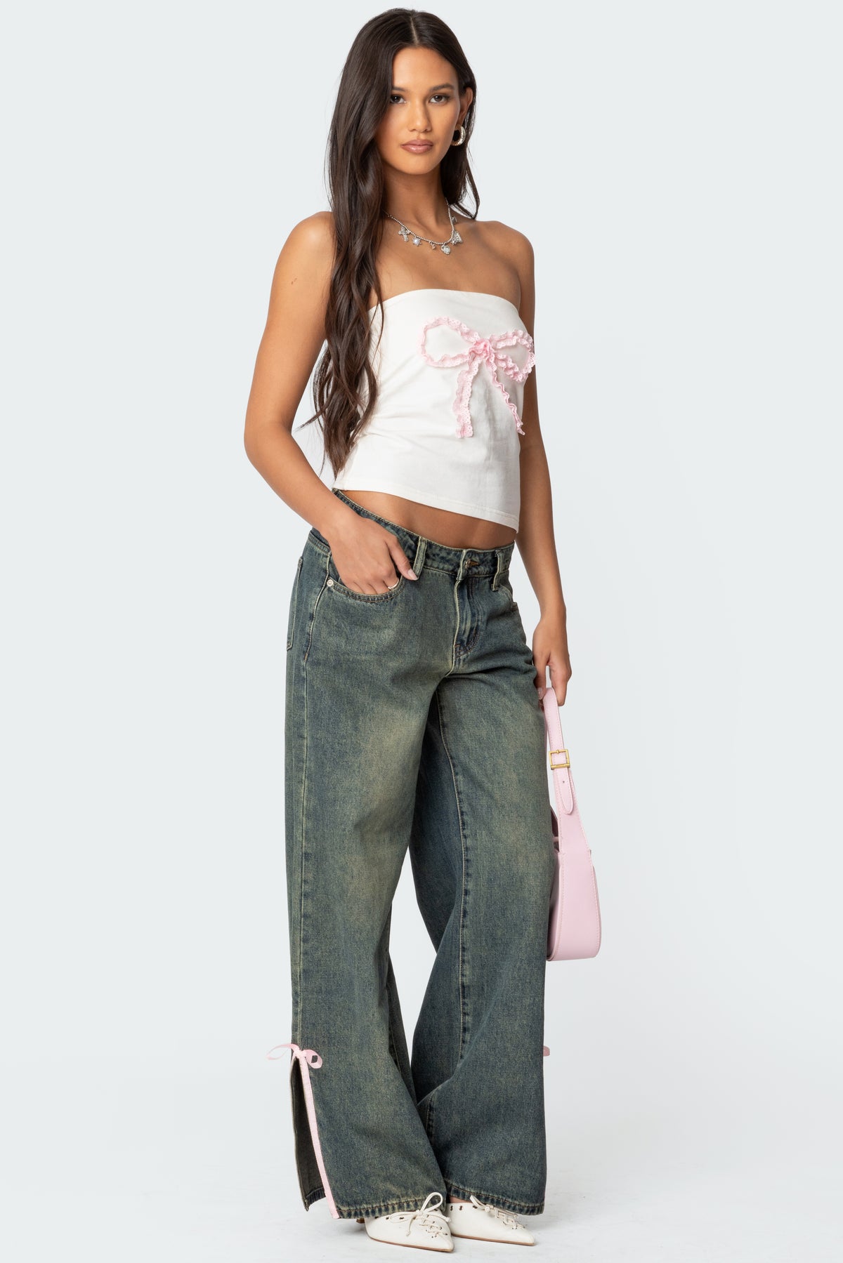 Bow Slitted Vintage Washed Low Rise Baggy Jeans