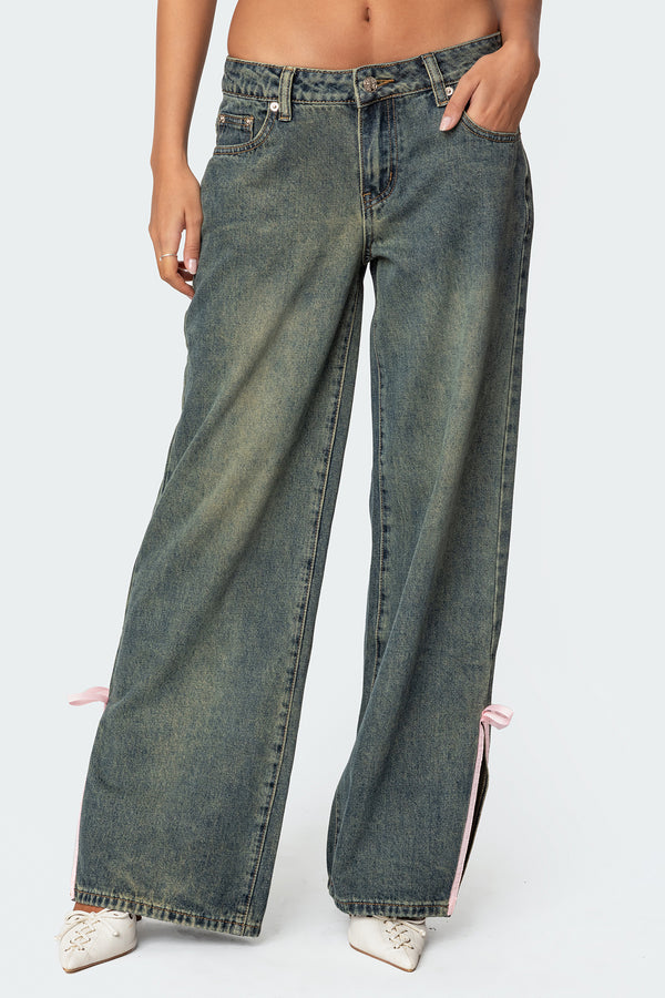 Bow Slitted Vintage Washed Low Rise Baggy Jeans