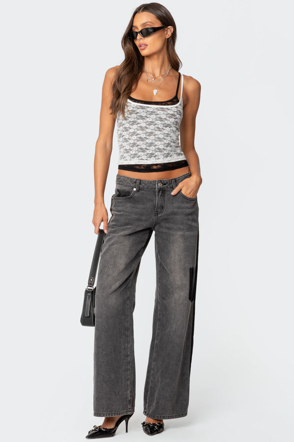 Contrast Pocket Washed Low Rise Baggy Jeans