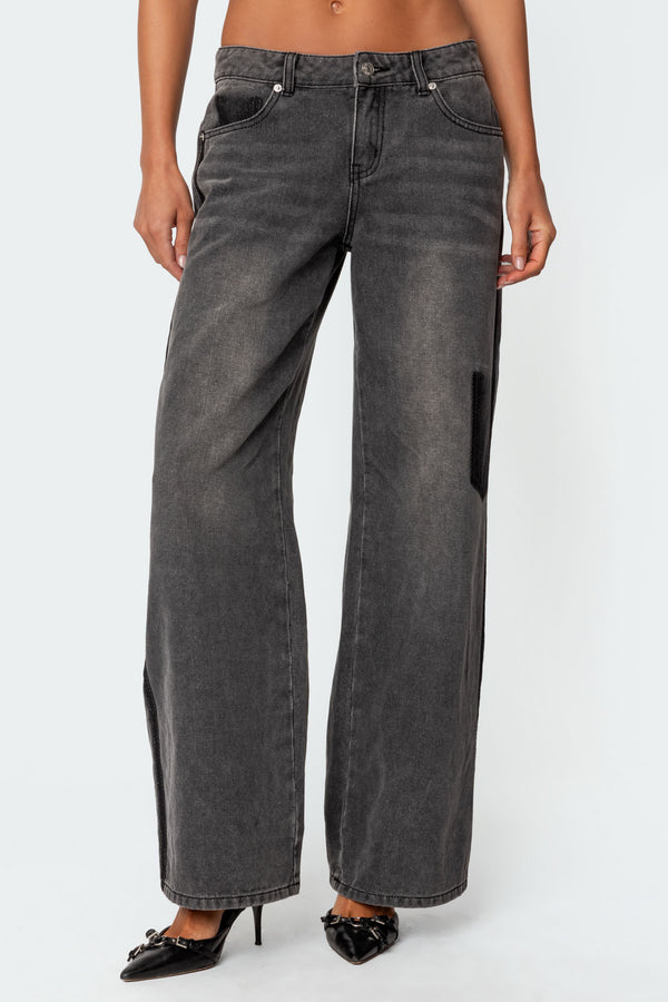 Contrast Pocket Washed Low Rise Baggy Jeans