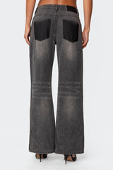 Contrast Pocket Washed Low Rise Baggy Jeans