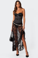 Asymmetric Ruffle Sheer Lace Maxi Skirt