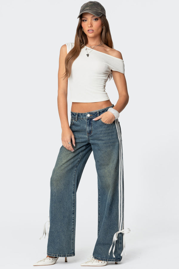 Ribbon Washed Low Rise Baggy Jeans