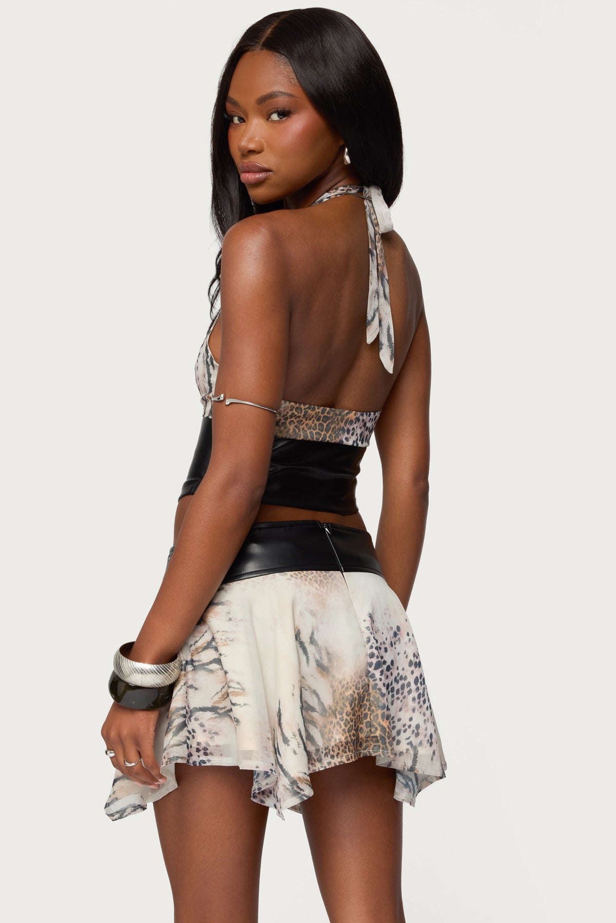 Letta Printed Chiffon Faux Leather Top