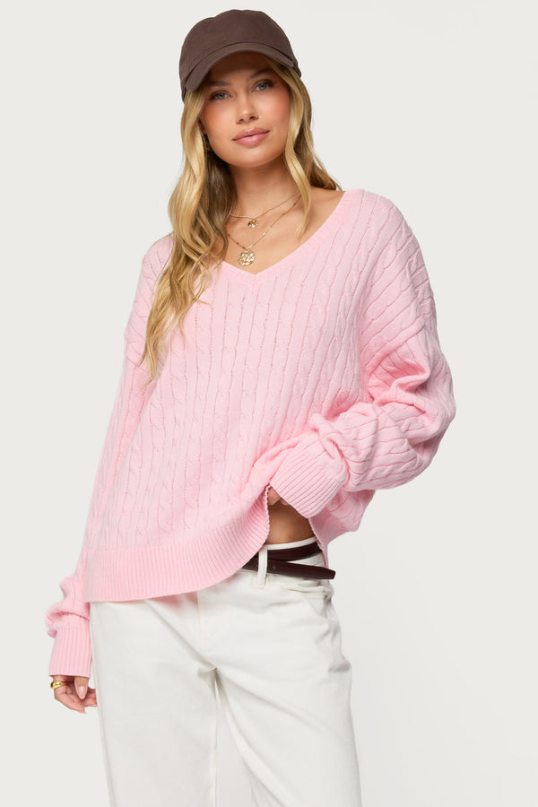 Polly V Neck Cable Knit Sweater view 1