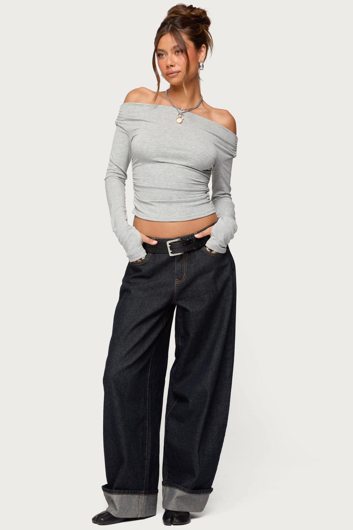 Milane Ruched Off Shoulder Ribbed Top