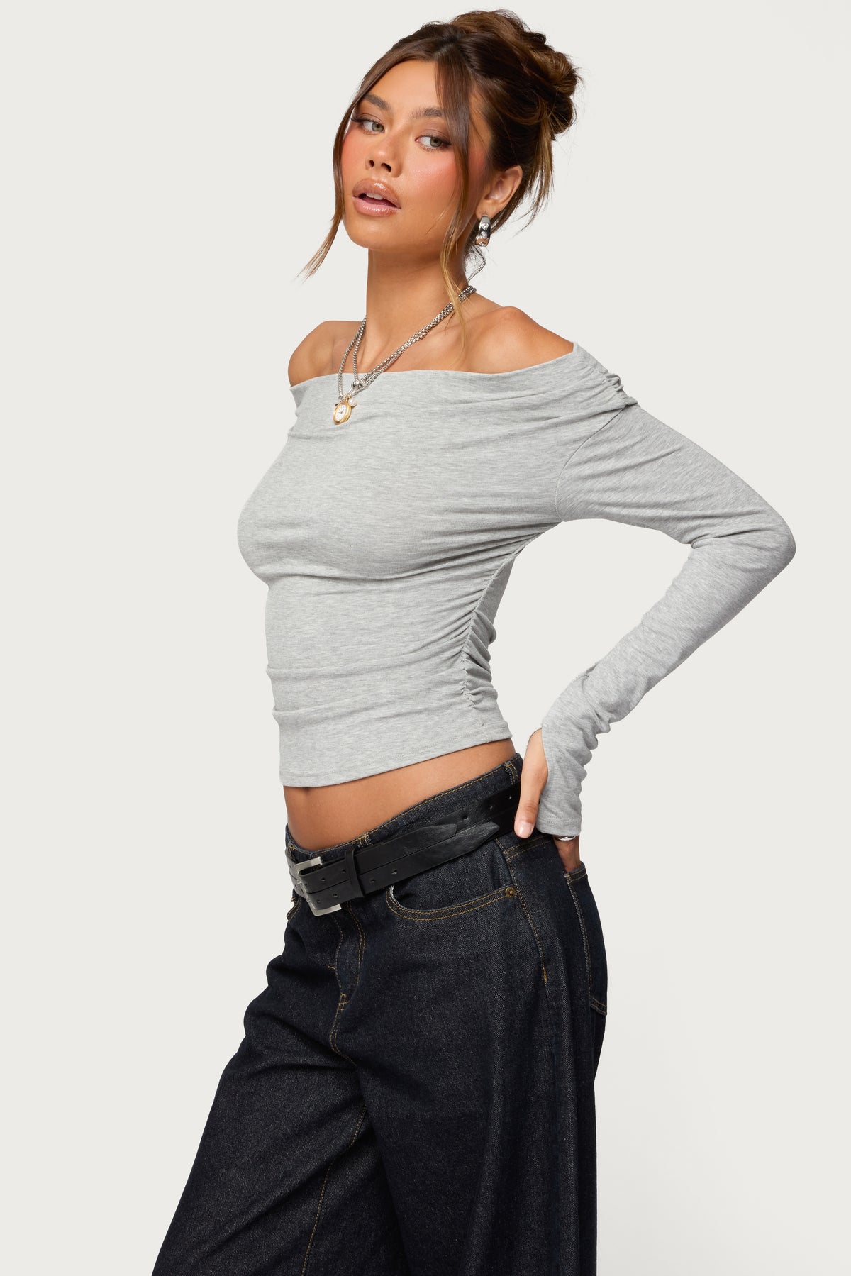 Milane Ruched Off Shoulder Ribbed Top