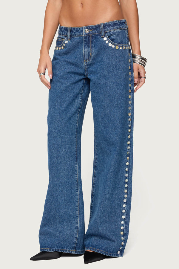 Iridescent Button Low Rise Baggy Jeans