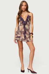 Abstract Printed Backless Ruffle Mini Dress