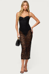 Sheer Lace Built In Bodysuit Midi Dress
