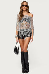 Evette Fringe Open Knit Metallic Poncho