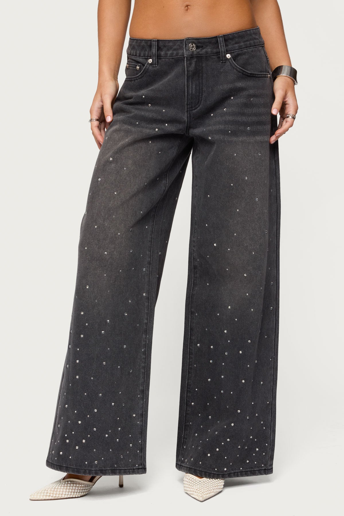 Rhinestone Washed Low Rise Baggy Jeans