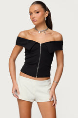 Collared Off Shoulder Zip Up Top