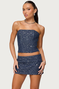 Sora Sequin Distressed Denim Corset