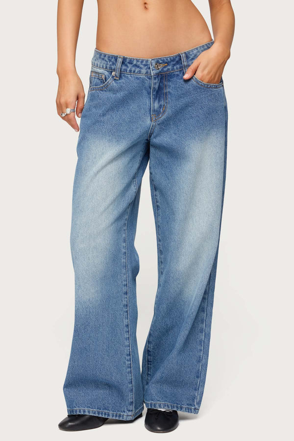 Petite Magda Acid Wash Low Rise Baggy Jeans