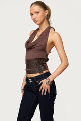 Buckle Cowl Neck Backless Top