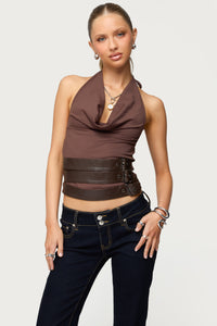 Buckle Cowl Neck Backless Top