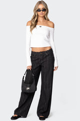 Lace Trim Striped Low Rise Baggy Jeans