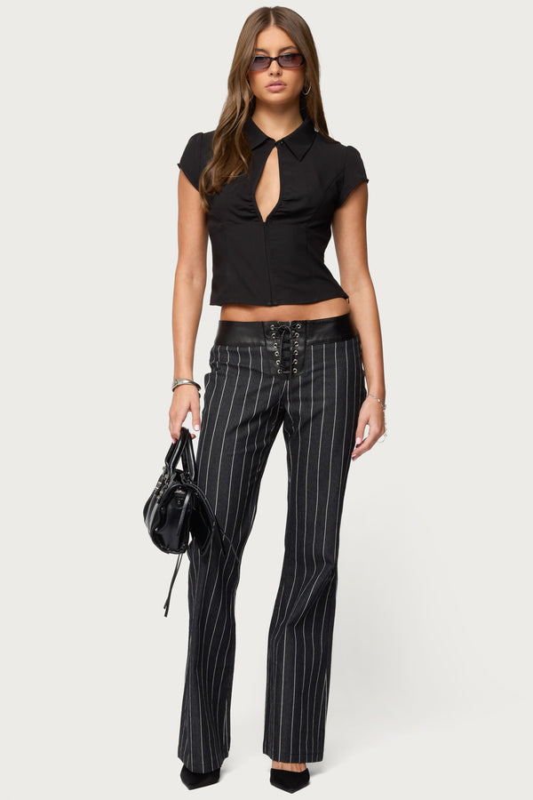 Pinstripe & Faux Leather Low Rise Flared Jeans