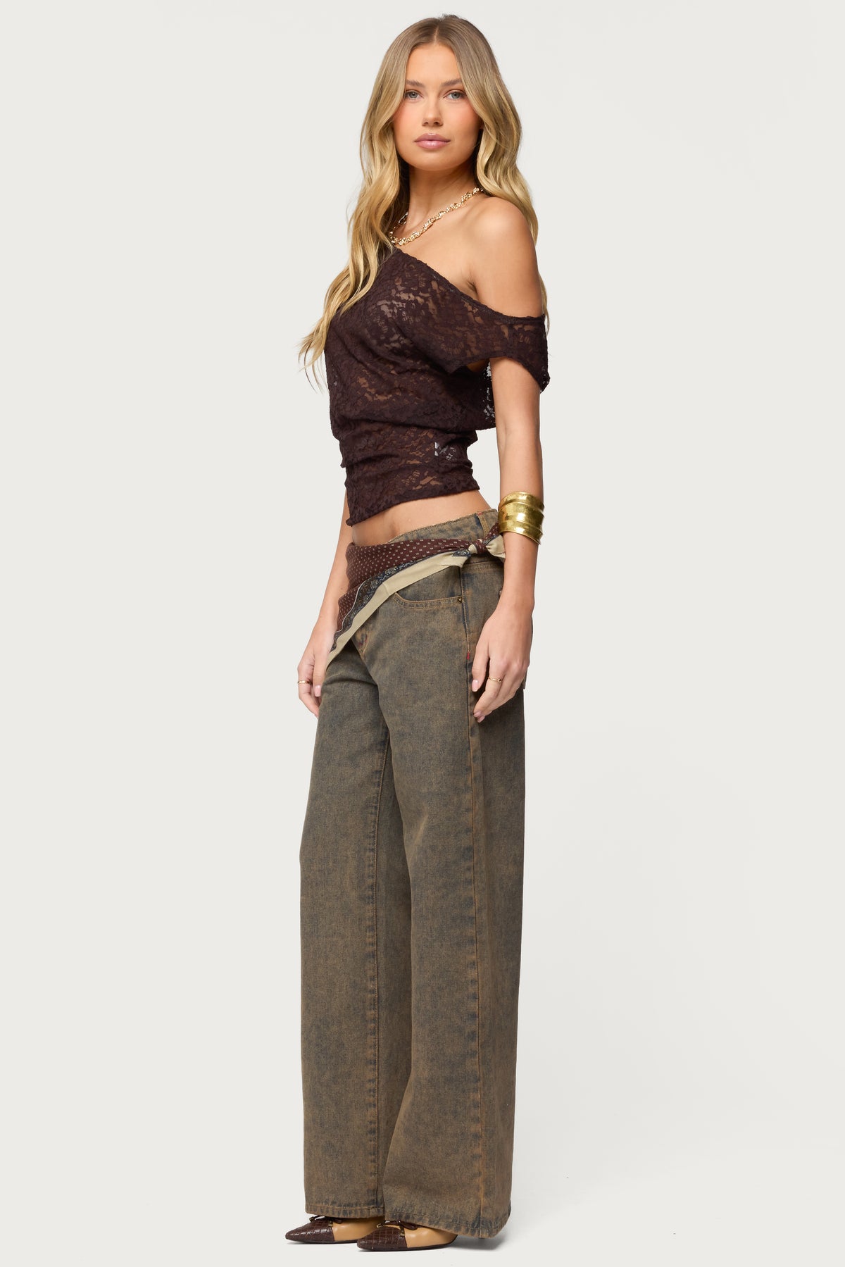 Kessa Sheer Lace Off Shoulder Top