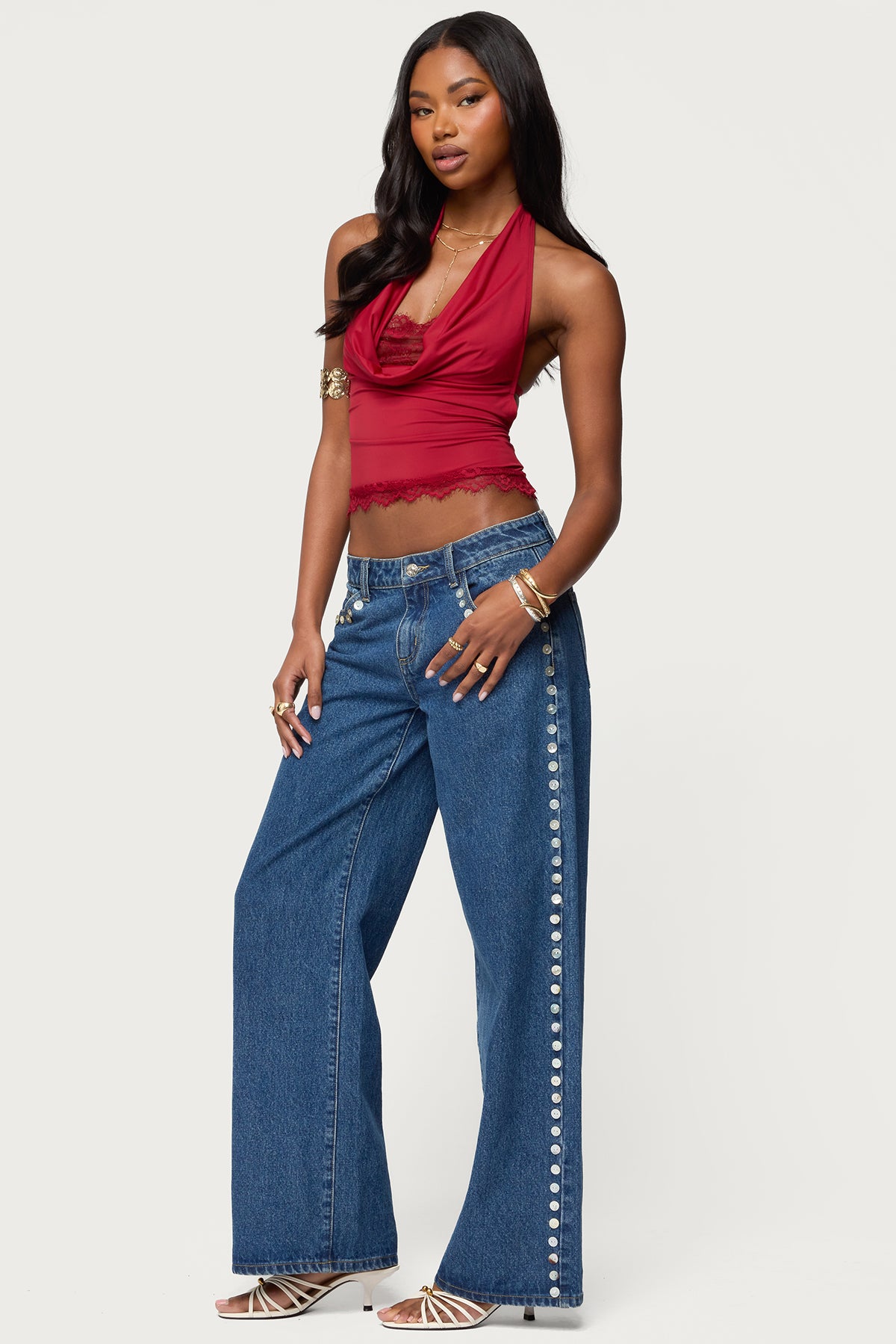 Layered Lacey Cowl Neck Halter Top