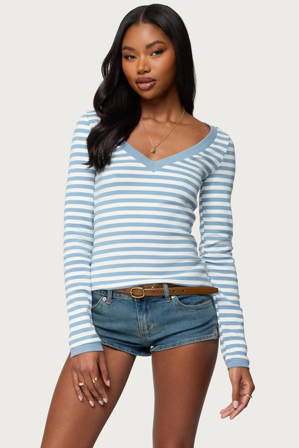 Kimi Striped Long Sleeve V Neck Top