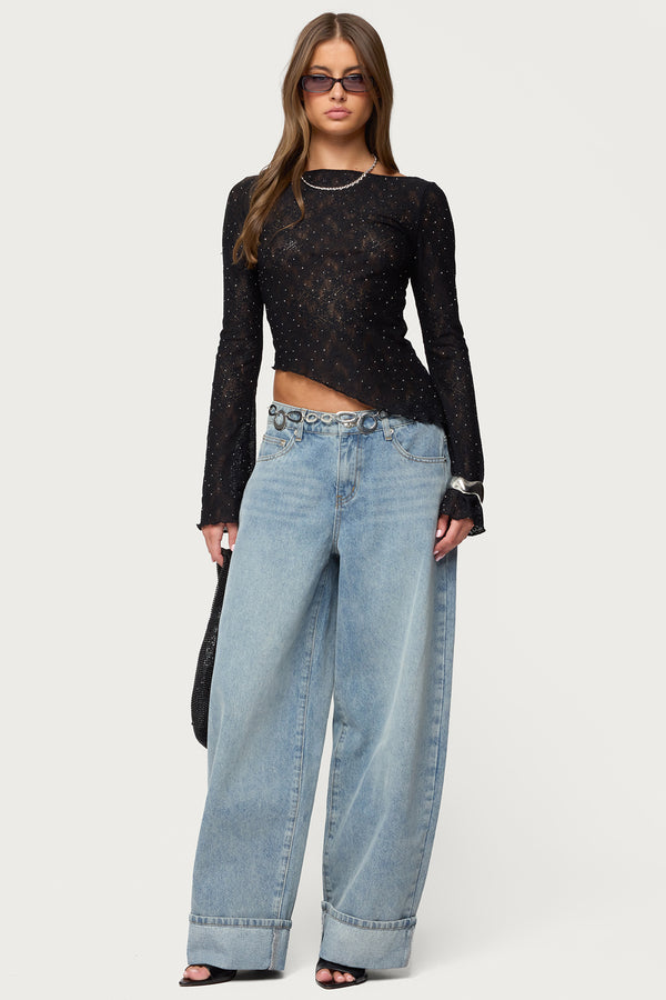 Mare Asymmetric Gem Sheer Lace Top