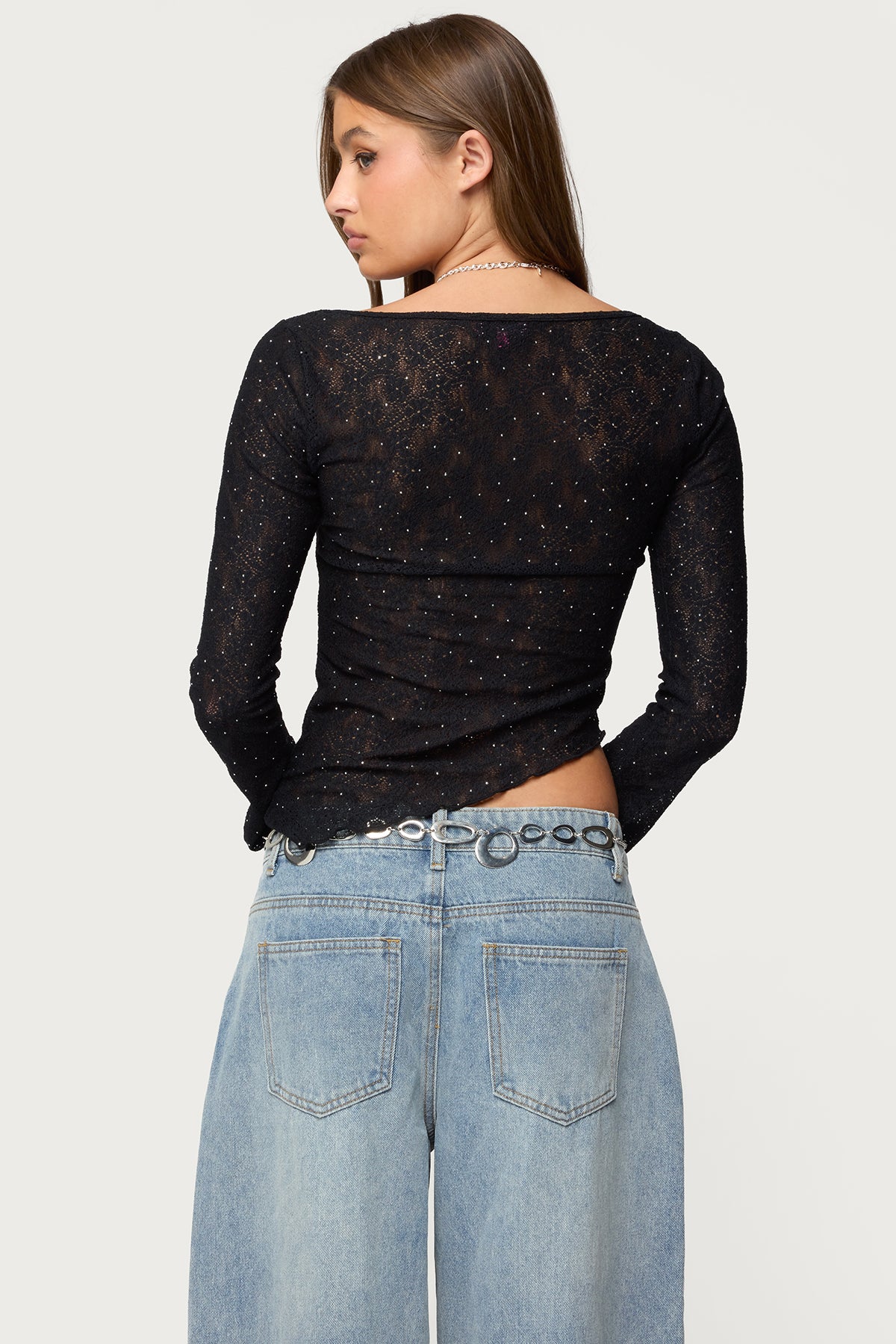Mare Asymmetric Gem Sheer Lace Top