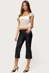 Sheer Mesh & Satin Effect Cutout Top