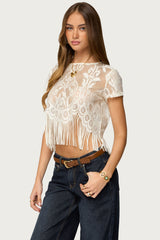 Kira Sheer Lace Fringe Top