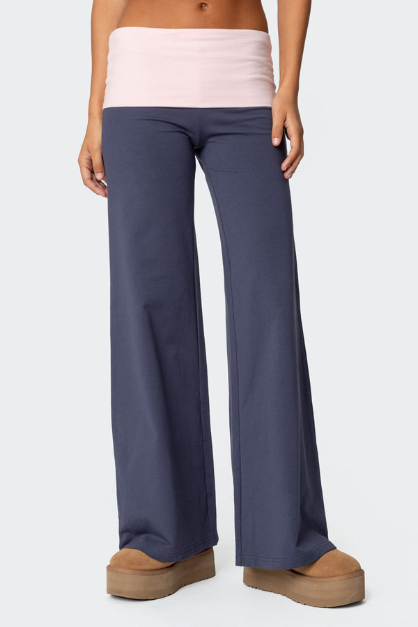 Wide Leg Contrast Foldover Pants