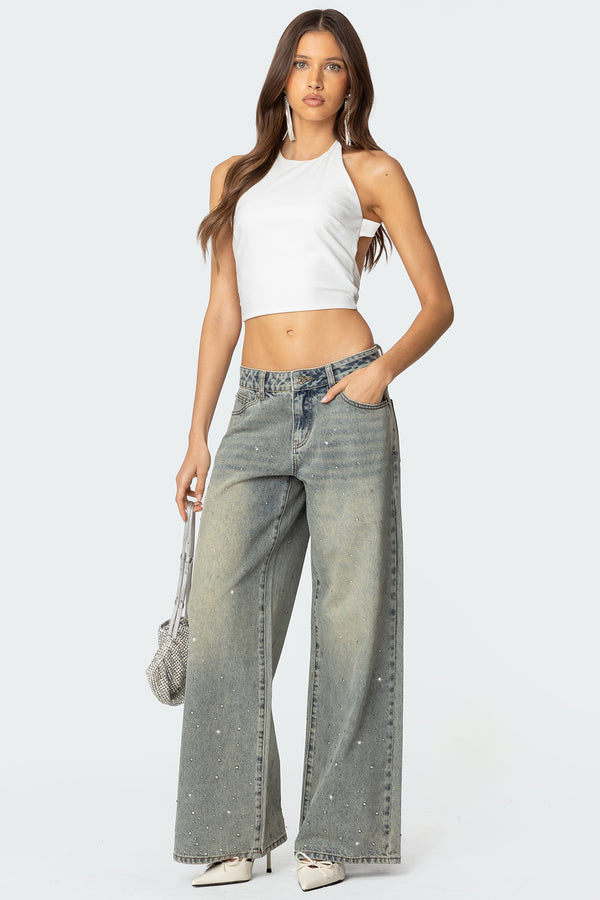 Rhinestone Washed Low Rise Baggy Jeans