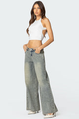 Rhinestone Washed Low Rise Baggy Jeans