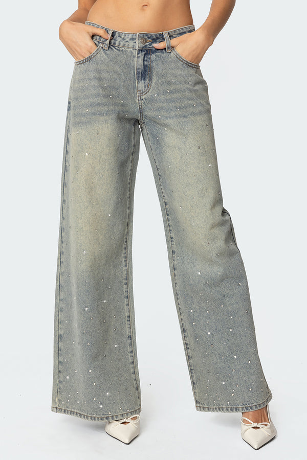 Rhinestone Washed Low Rise Baggy Jeans