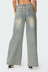 Rhinestone Washed Low Rise Baggy Jeans