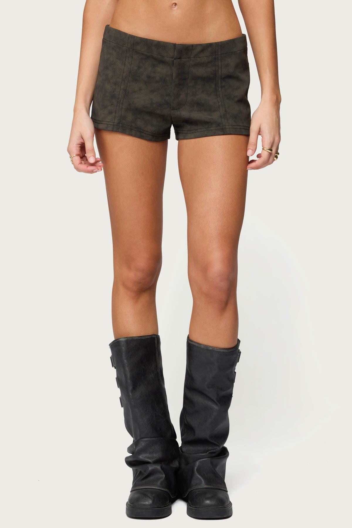Taia Distressed Faux Leather Micro Shorts