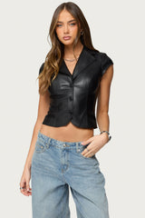 Faux Leather Tailored Button Up Top