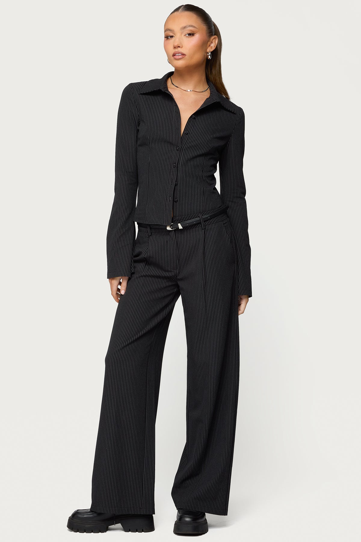 Pinstripe Tailored Straight Leg Pants